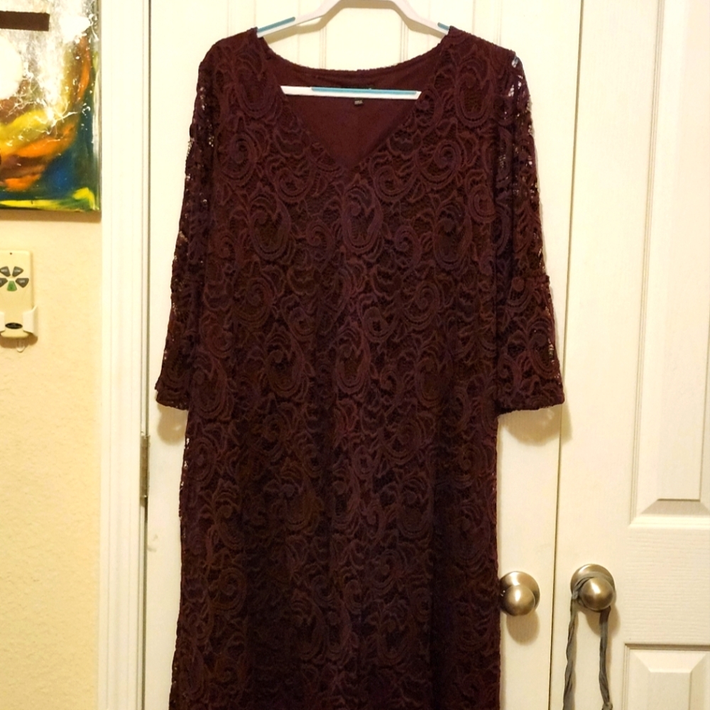 Burgundy dress.